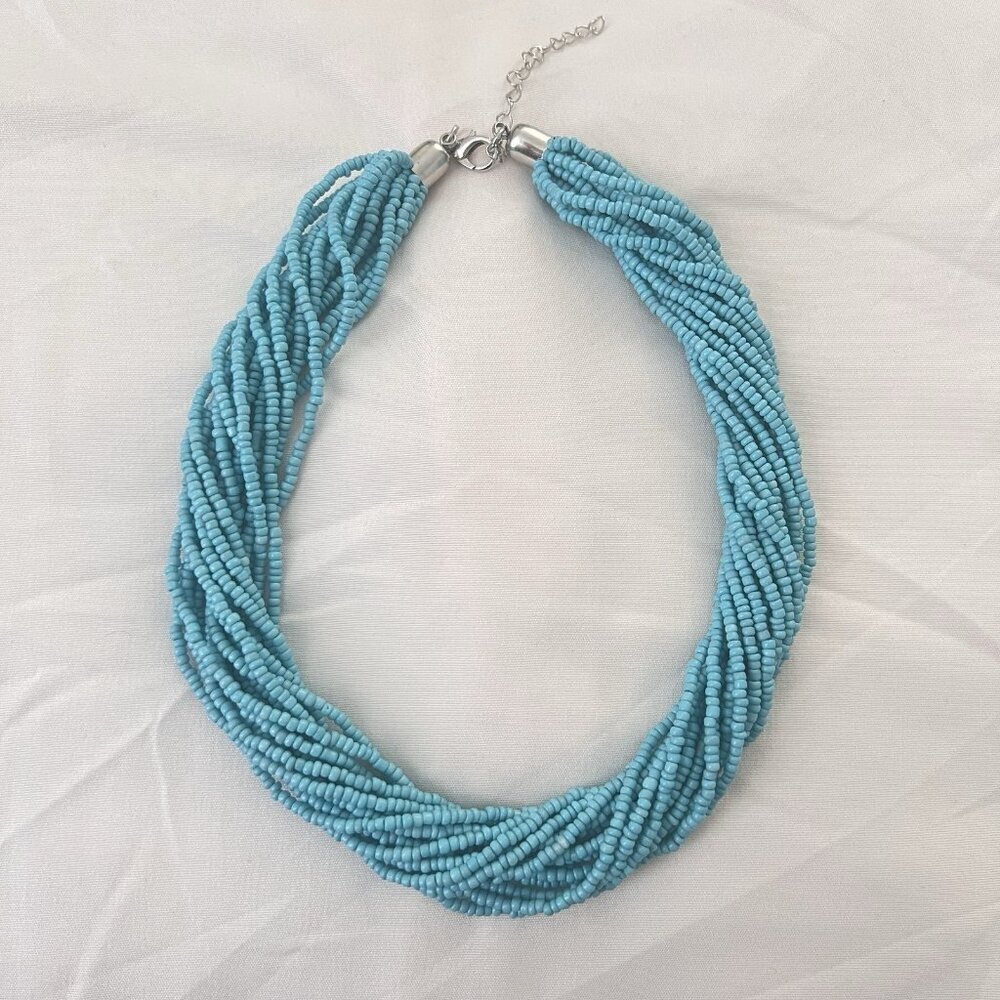 Turquoise Blue Seed Bead Statement Necklace Multi-Strand Boho Coastal Chic NEW